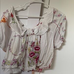 Anthropologie White Peasant Blouse with Pink & Green Floral Accents